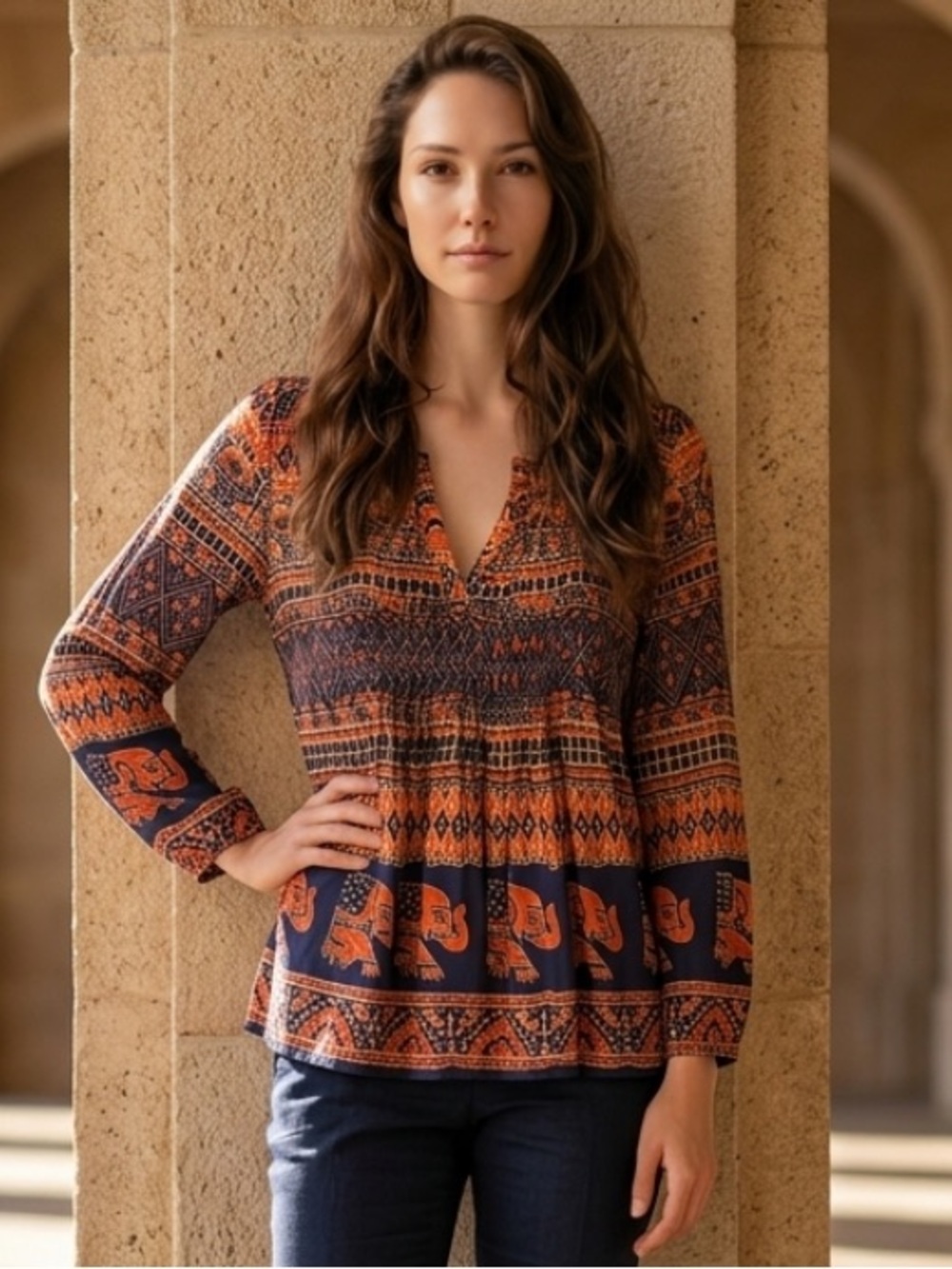 VANESSA VIRGINIA Blouse Top Boho Elephant Pin Tuck Peasant Hippie